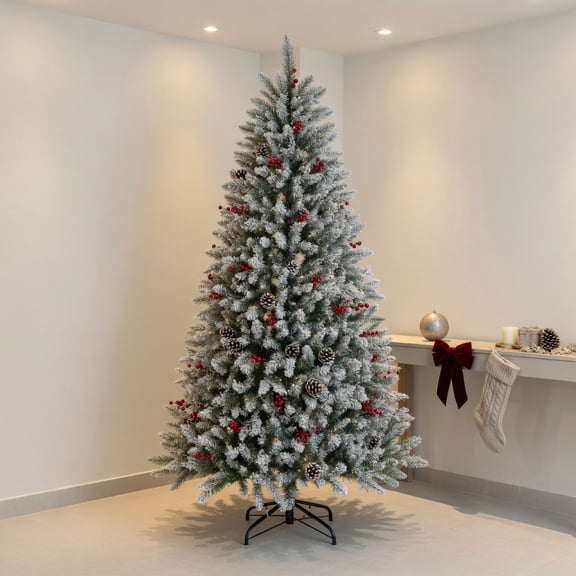 Resenkos Christmas Tree,Home Party Christmas Tree Decorations,Pre-lit Artificial Pencil Christmas Tree with Pine Cones and Red Berries-6 ft