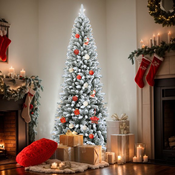 Resenkos Christmas Tree,Home Party Christmas Tree Decorations,Snow-Flocked Hinged Artificial Christmas Pencil Tree with Mixed Tips-7.5 ft