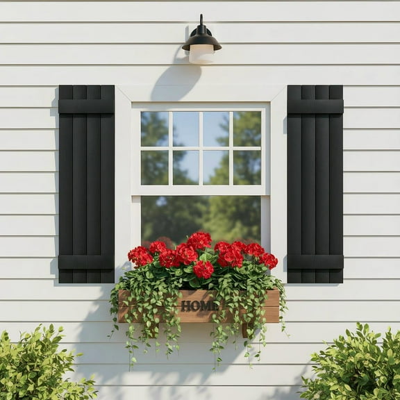 Resenkos Classic Board & Batten Faux Shutters, Timeless, Durable Decor for Exterior Elegance, Two horizontal bars, 14"x25", Black