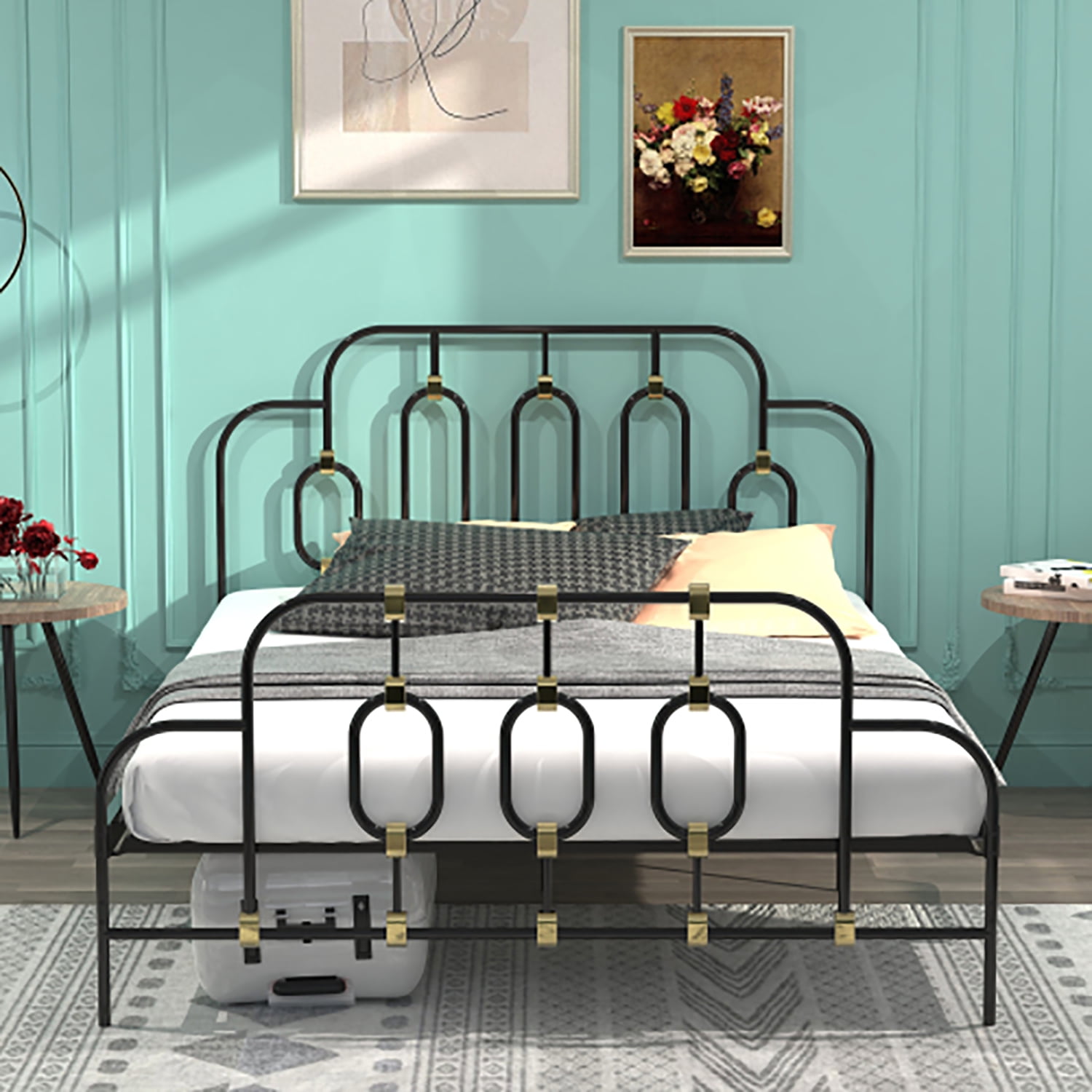 Resenkos Classic Metal Platform Bed Frame, Full Size Bed Frame with Vintage Headboard and Footboard Platform Base, Black