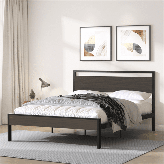 Resenkos Classic Metal Platform Bed Frame, Queen Size Bed Frame with Headboard and Footboard Platform Base, Black&Brown