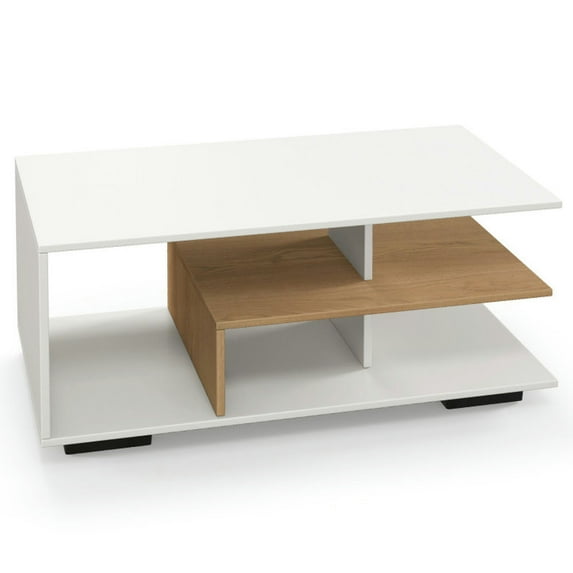 Resenkos Coffee Table,Center Table, Modern Sofa Table Tea Table,Rectangular Coffee Table with L-shaped Middle Shelf-White