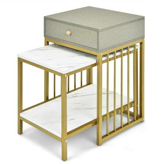 Resenkos Coffee Table, Modern Sofa Table Tea Table,2 Pieces Modern Nesting Coffee Table Set with Drawer and Shelf-White