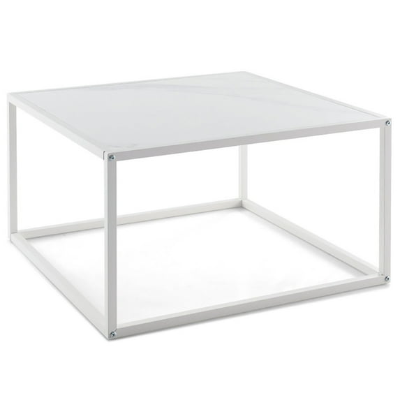 Resenkos Coffee Table, Modern Sofa Table Tea Table,Modern Glass Square Coffee Table with Metal Frame for Living Room-White