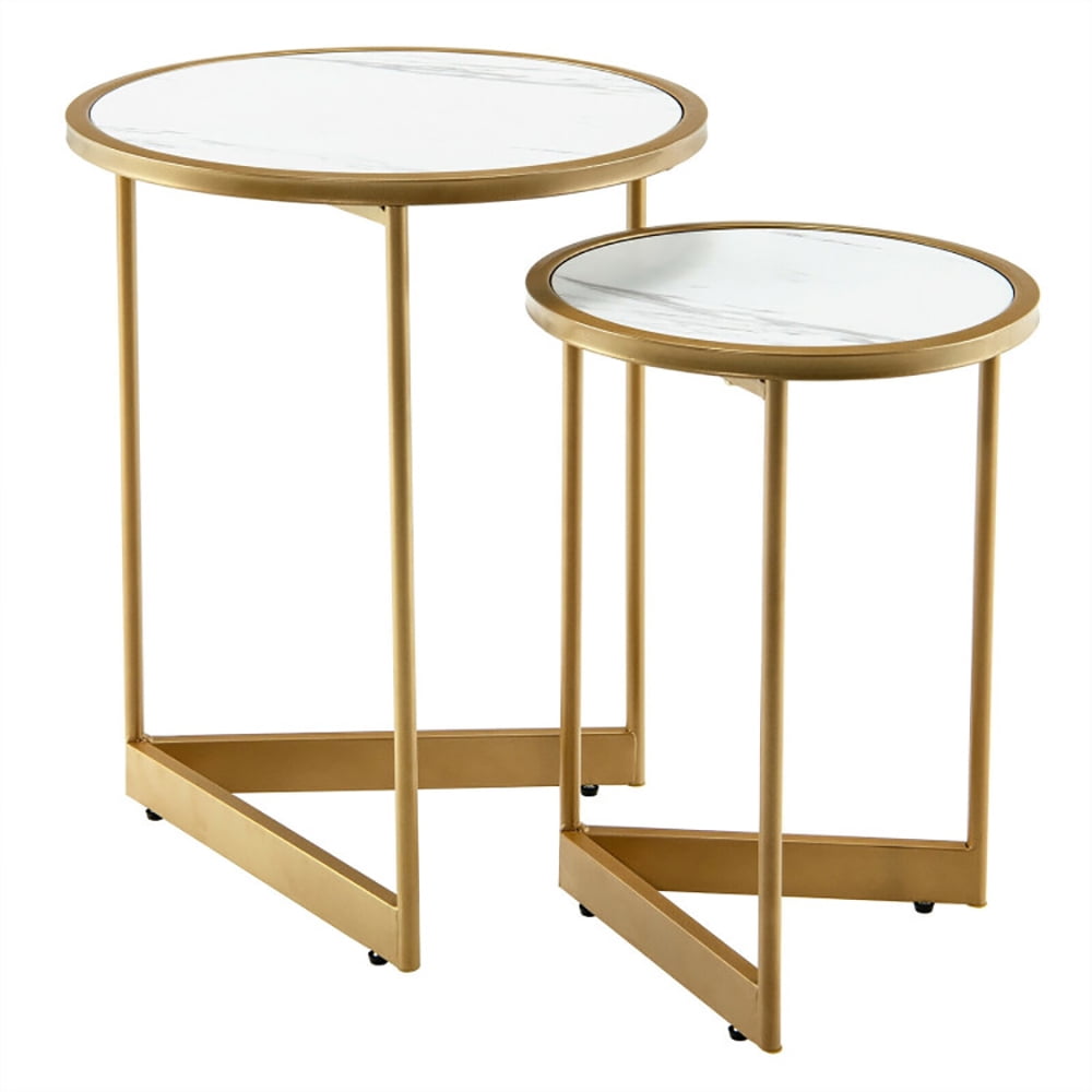 White and Gold Round Marble Nesting Coffee Table Set