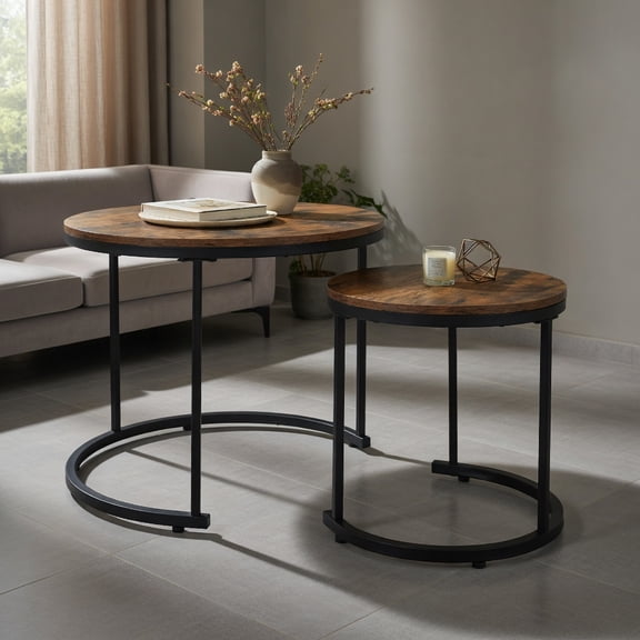 Resenkos Coffee Table, Modern Sofa Table Tea Table,Set of 2 Modern Round Stacking Nesting Coffee Tables for Living Room-Rustic Brown