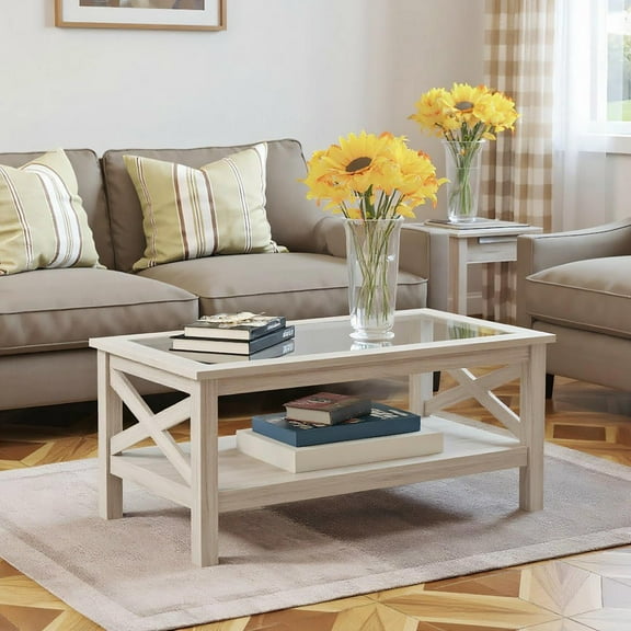 Resenkos Coffee Table With Tempered Glass Tabletop, Living Room Table, Wood Frame And Underneath Storage Shelf, X-Shaped Cross Brace, White Oak