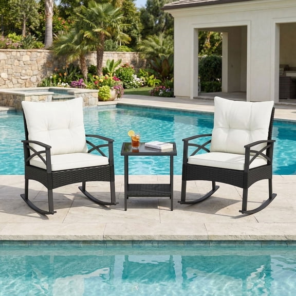 Resenkos Comfortable Patio Seating Group for Backyard, 3-Piece Hand-Woven Rattan Rocking Chair Set with Storage Shelf Table, White