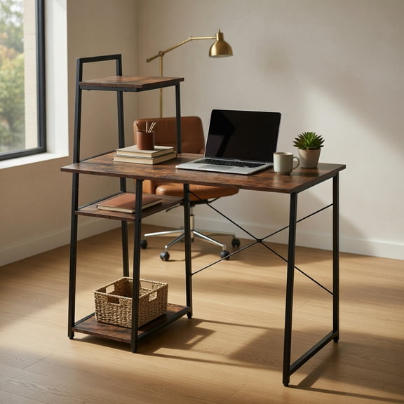 Resenkos Compact Computer Desk Workstation with 4 Tier Shelves for Home and Office-Brown, Home Office Desks, Gaming Computer Desks for Study,Working,Writing