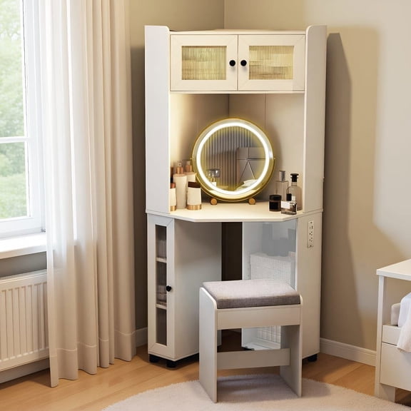 Resenkos Compact Dressing Corner Vanity Desk, Mirror Light Makeup Table with Storage for Small Bedroom, White