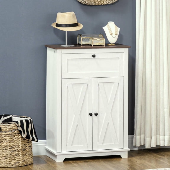 Resenkos Compact Farmhouse Sideboard Storage Cabinet, Features Doors and a Drawer for Versatile Use in Your Kitchen or Living Room, White