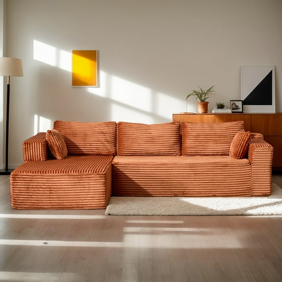Resenkos Compression Sectional Couch with Chaise, L Shape Sleeper Sofa, Modular Deep Seat for Living Room, Corduroy - Brown