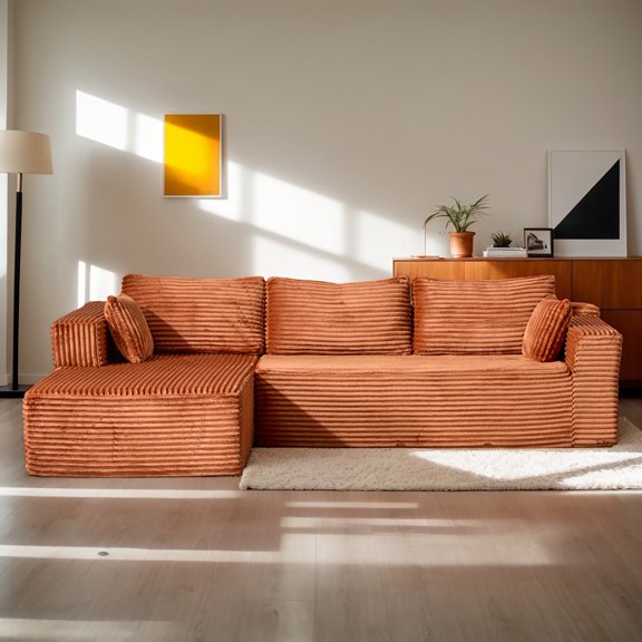 Resenkos Compression Sectional Couch with Chaise, L Shape Sleeper Sofa, Modular Deep Seat for Living Room, Corduroy - Brown