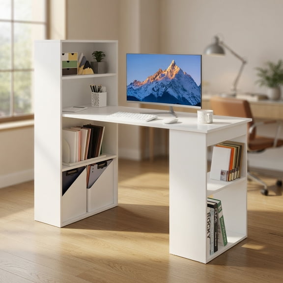 Resenkos Computer Desk Writing Workstation Office with 6-Tier Storage Shelves-White, Home Office Desks, Gaming Computer Desks for Study,Working,Writing