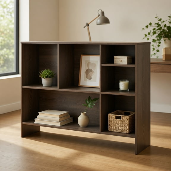Resenkos Computer Desktop Bookcase - 4 Cubbies + Open-Back Compartment, Gray
