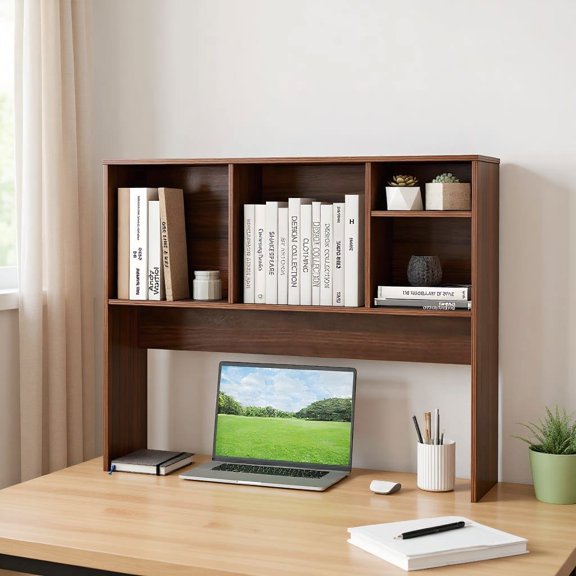 Resenkos Computer Desktop Bookcase with 4 Cubbies and Open Back Compartment, Storage Organizer for Office, Workspace, Walnut