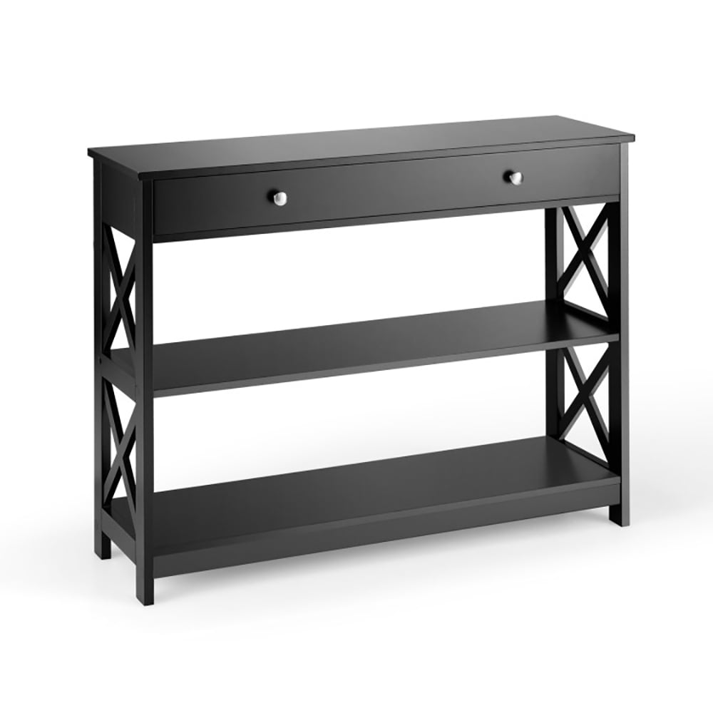 Resenkos Console Table 3-Tier with Drawer and Storage Shelves-Black, Narrow Console Table, Entryway Hall Table with Shelves for Foyer & Entry Spaces