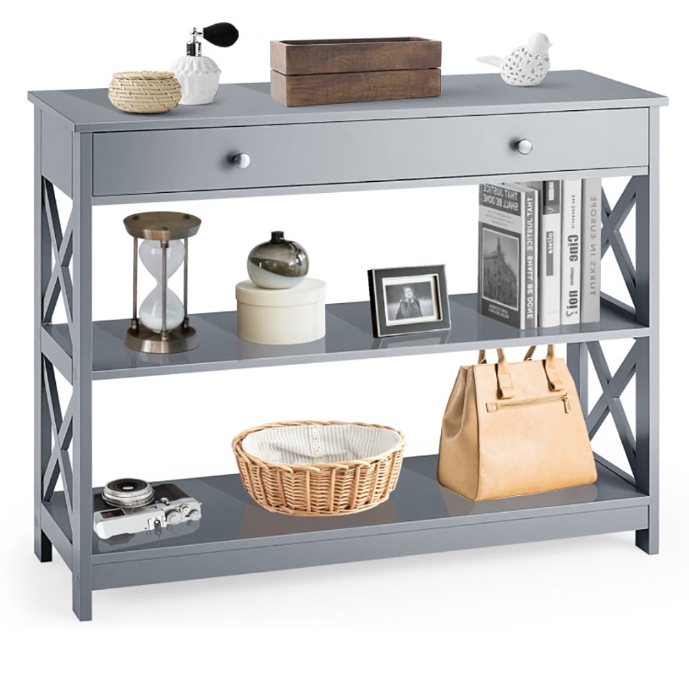 Resenkos Console Table 3-Tier with Drawer and Storage Shelves-Gray, Narrow Console Table, Entryway Hall Table with Shelves for Foyer & Entry Spaces Resenkos Console Table 3-Tier with Drawer and Storage Shelves-Gray, Narrow Console Table, Entryway Hall Table with Shelves for Foyer & Entry Spaces