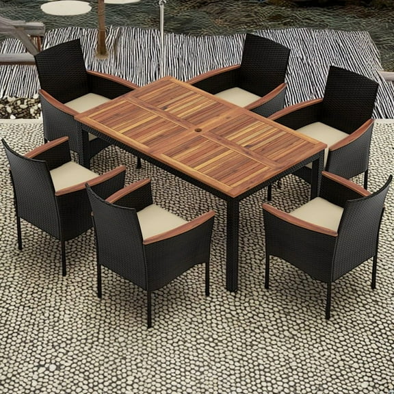 Resenkos Contemporary 7-Piece PE Wicker Outdoor Dining Set with Tempered Glass Table, Beige