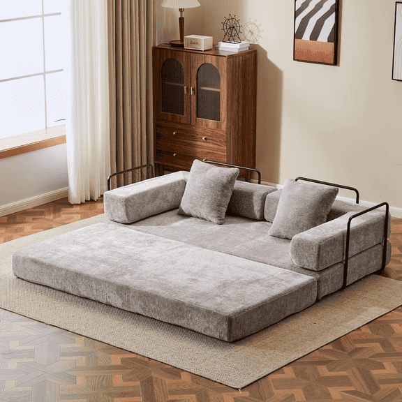 Resenkos Convertible Floor Couch Bed, Chenille Fabric Sofa with Pillow Back Support, Compression Lounge Sleeper for Home, Light Gray