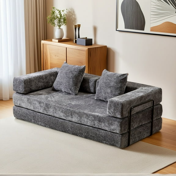 Resenkos Convertible Floor Sofa Bed with Pillow Armrests, for Living Room, Chenille - Dark Grey