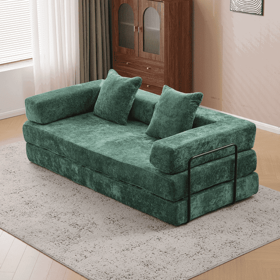 Resenkos Convertible Floor Sofa Bed with Pillow Armrests, for Living Room, Flannel - Dark Green