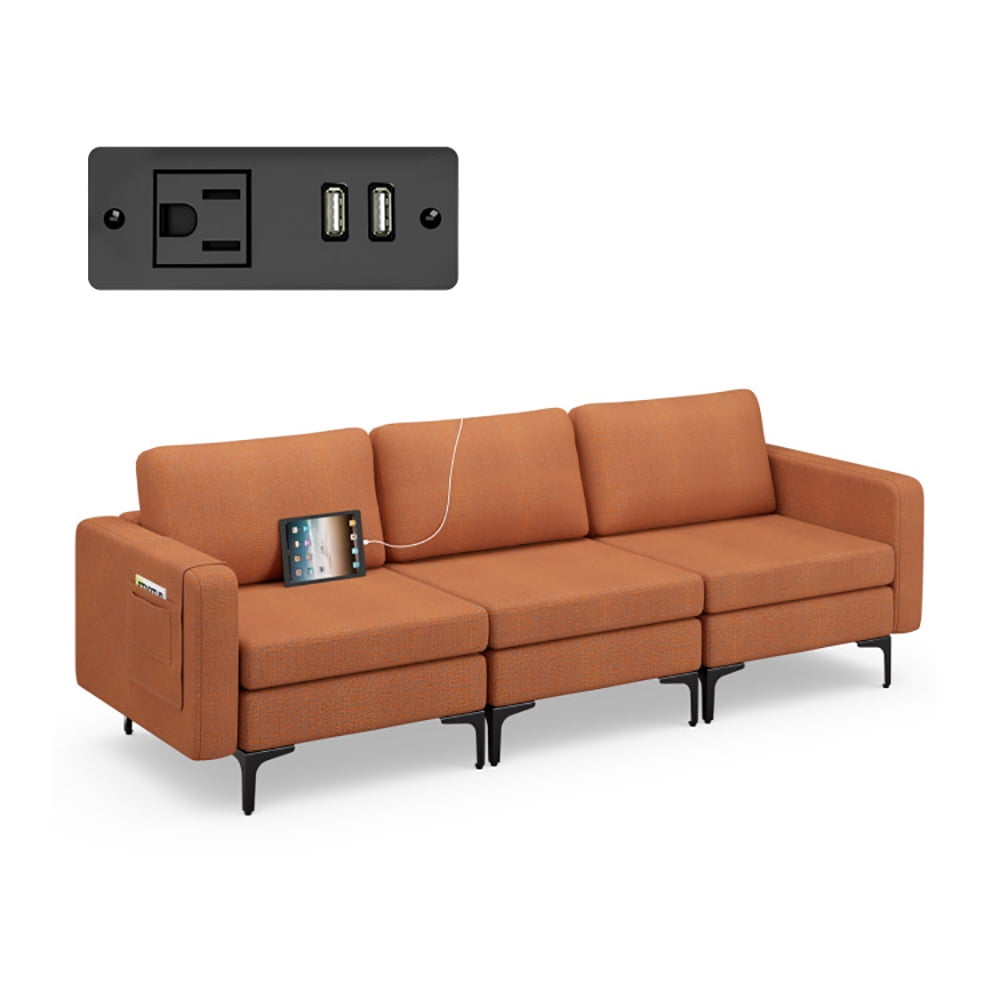 Resenkos Convertible Leather Sofa Couch with Magazine Pockets 3-Seat with 2 USB Port-Orange, Sectional Sofa Couch Living Room Sleeper Set