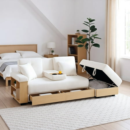Resenkos Convertible Sleeper Sofa Couch, Double Folding Sofa Bed, Storage Ottoman, Arm Box/Drawer, Drop-Down Table - Beige