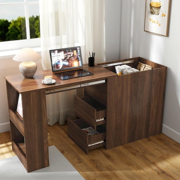 Resenkos Corner Desk with Storage, Home Office Workstation with Extendable Table Top, Brown