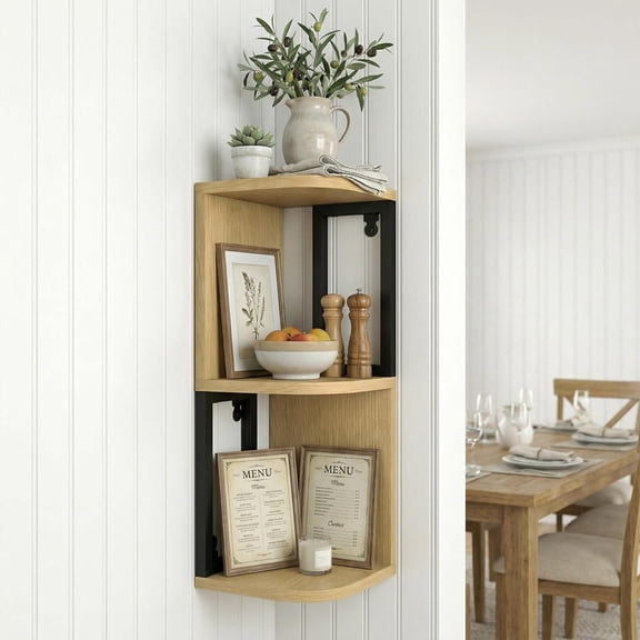 Resenkos Corner Floating Shelves, Light Wood and Black Metal Frame with Invisible Bracket for Sag-Free Storage in Living Room, Kitchen & Bathroom, Brown