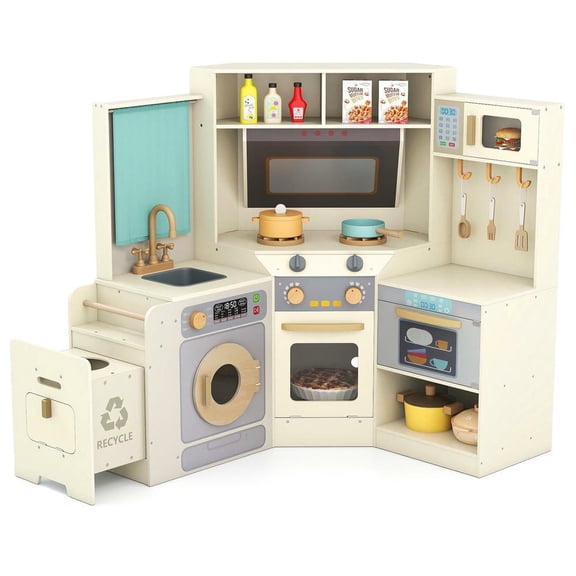 Resenkos Corner Kitchen with Lights, Sounds & Pull-out Trash Can - Interactive Play Set - Off White