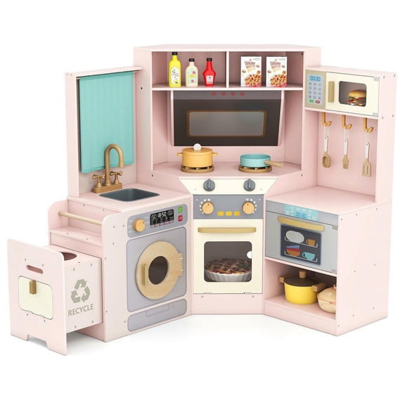 Resenkos Corner Kitchen with Lights, Sounds & Trash Can - Kids Pretend Set - Pink