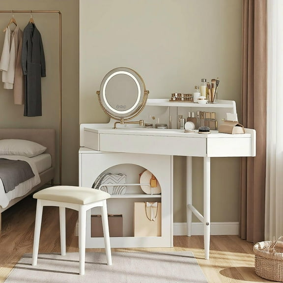 Resenkos Corner Makeup Vanity Desk With Mirror & LED Lights, Dressing Table With Large Storage For Small Place, White