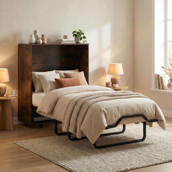 Resenkos Cot Size Murphy Bed with Foldable Mattress and Lockable Wheels, Space Saving Bed for Guest Bedroom, Rustic Brown