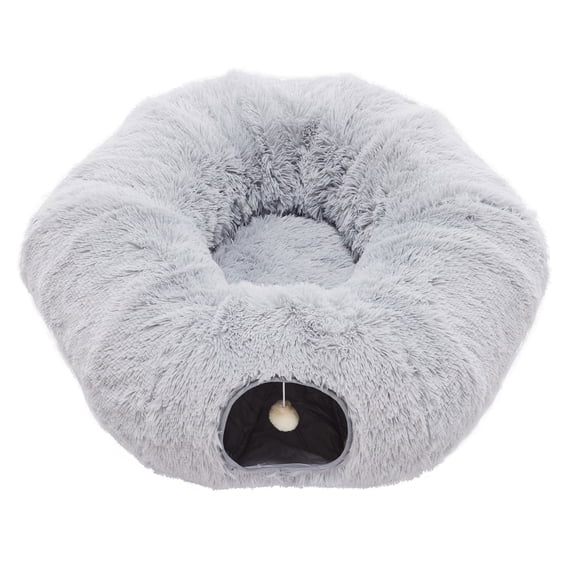 Resenkos Cozy Plush Peekaboo Cat Tunnel with Bed, Multi-Functional Donut Cave for Cats, Kittens and Pet Rabbits, Gray