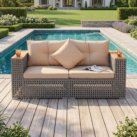 Resenkos Cup Holder Design with Thick Soft Cushions, 2-Piece Hand-Woven PE Rattan Corner Sofa for Porch and Balcony, Beige