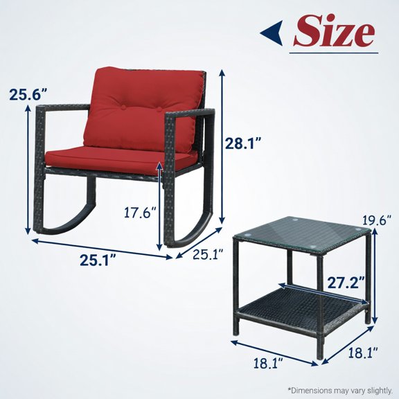 Resenkos Cushioned Patio Rattan Seating Rocking Chair Glass Table Set 3 Pieces with Steel Frame Furniture, Black