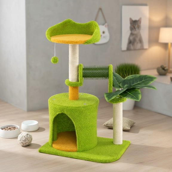 Resenkos Cute Palm Tree Themed Cat Tower with Artificial Leaves, Green