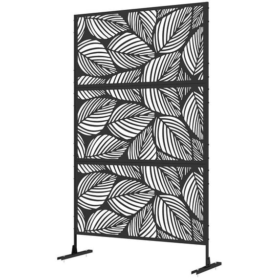Resenkos Decorative Privacy Screen Outdoor Divider, 6.5' Decorative Outdoor Divider, Metal Privacy Screen with Stand, Leaf Motif, Brown