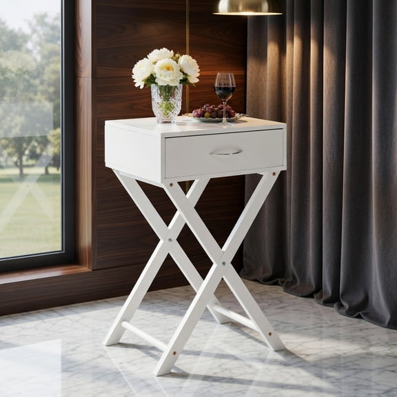 Resenkos Design Sofa Side Table with X-Shape Drawer for Living Room Bedroom-White, Space-Saving End Table, Durable MDF, Easy to Assemble, Ample Storage Drawer, Great for Bedrooms & Living Rooms