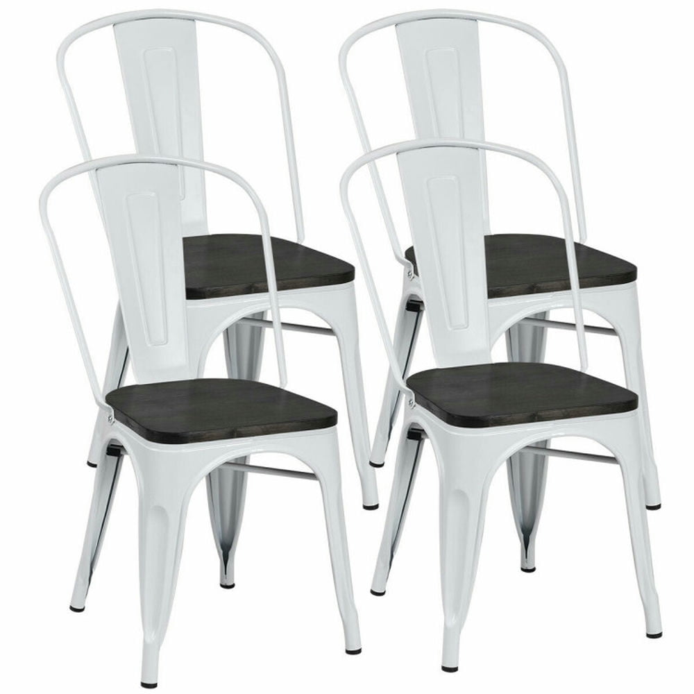 Resenkos Dining Chairs, Kitchen Chairs Trattoria Chairs,4 Pieces Tolix Style Metal Dining Side Chair Stackable Wood Seat-White
