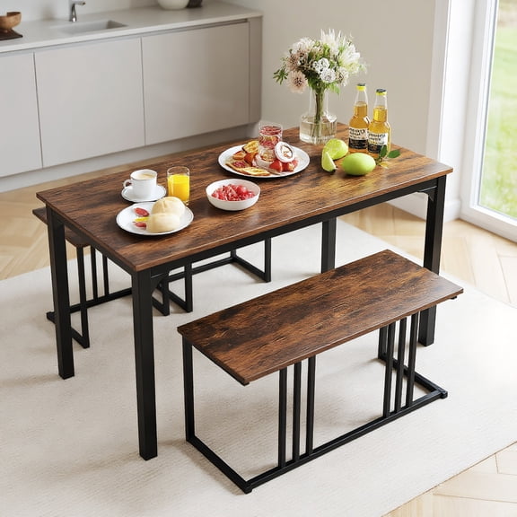 Resenkos Dining Room Table Set,Dining Table Set,4 Pieces Industrial Dining Table Set with Bench and 2 Stools-Brown