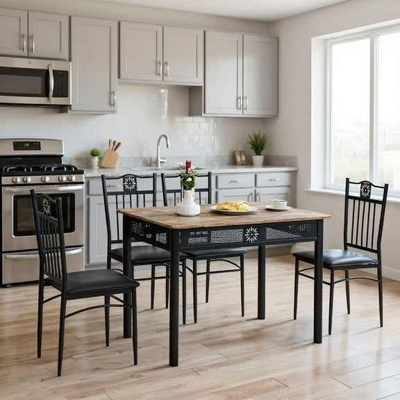 Resenkos Dining Room Table Set,Dining Table Set,5 Pcs Dining Set Wood Metal Table and 4 Chairs with Cushions-Black