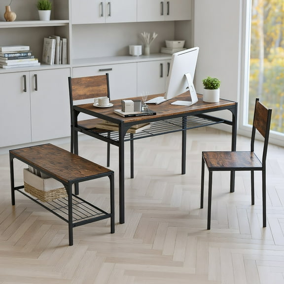 Resenkos Dining Table Set,Dining Table Chairs SetIndustrial Style Rectangular Kitchen Table with Bench and Chairs-Rustic Brown