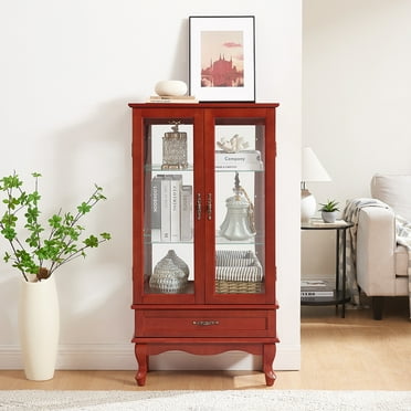 Resenkos Display Cabinet, Display Case Organizer,Lighted Glass Cabinet Glass Wine Cabinet Curio Display Cabinet with Doors and drawer,Cherry