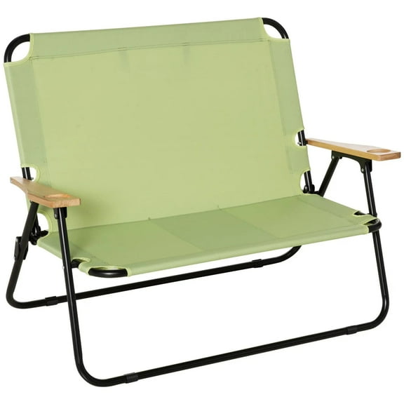 Resenkos Double Folding Camping Chair, Loveseat For 2 Adults, Portable Camping Couch With Wood Armrest & Cupholders, Green