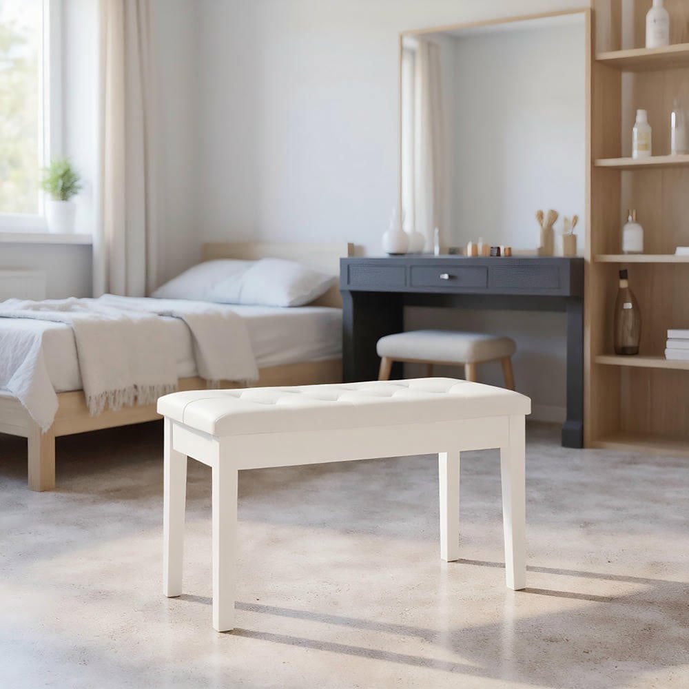 Resenkos Duet Piano Bench - Faux Leather Padded Cushion, Wooden Frame, Button Tufted Keyboard Bench, White