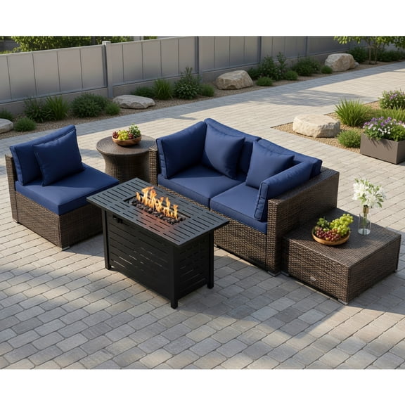 Resenkos Durable PE Rattan Backyard Sofa Couch, 60000 BTU Heat‑Output Fire Pit Table, Modular Outdoor Conversation Set Suitable for Patio Deck and Lawn, Navy