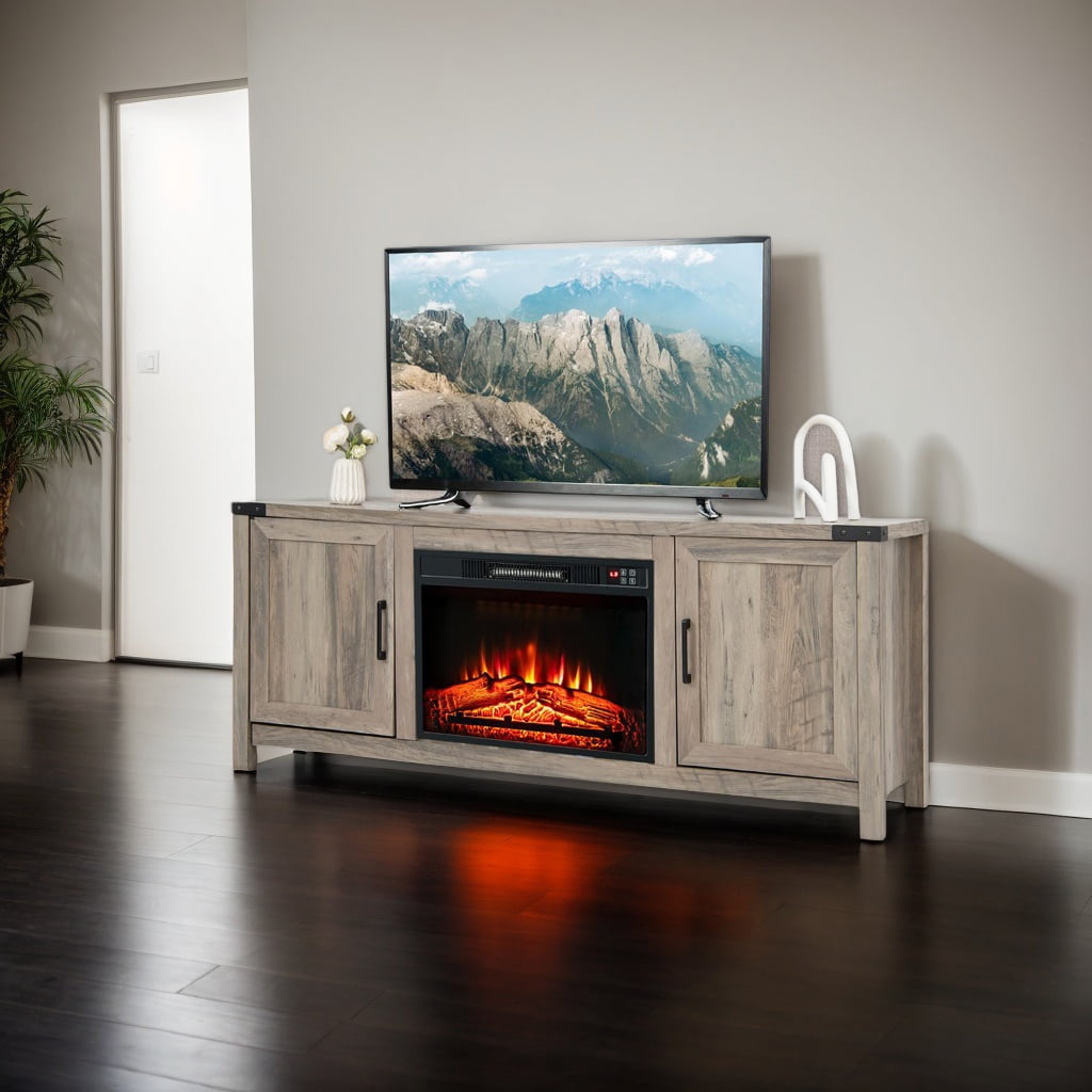 Resenkos Electric Fireplace TV Stand with Storage Cabinets for TVs up to 70 Inch-Natural, Mid Century Modern TV Stand for Living Room Bedroom