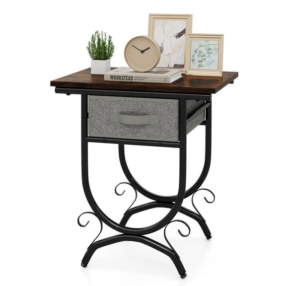 Resenkos Elegant Fabric Drawer Side Table  Sturdy Carved Metal Frame, Chic Nightstand for Living Room, Black & Gray